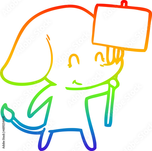 rainbow gradient line drawing of a cute cartoon elephant with sign