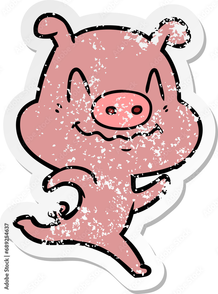 distressed sticker of a nervous cartoon pig distressed sticker of a nervous cartoon pig