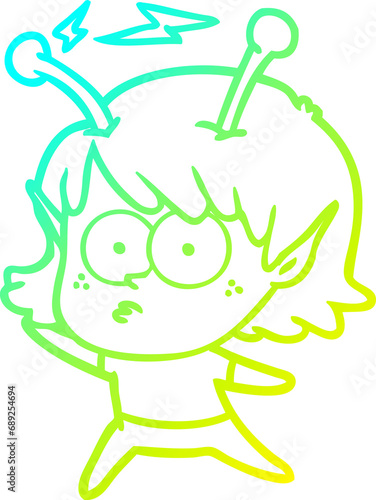 cold gradient line drawing of a cartoon alien girl