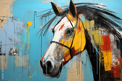 Painting of an abstract and colorful drawing of a horse. Generative AI.