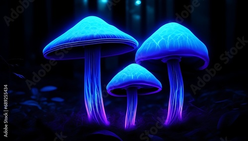 Blue neon mushrooms glowing in a dark forest - bioluminescent mushrooms. Beauty of nature. 