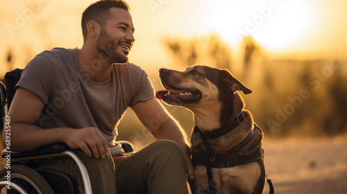 Man in a wheelchair and a service dog sitting beside him, engaging in a moment of connection in a sunlit park.