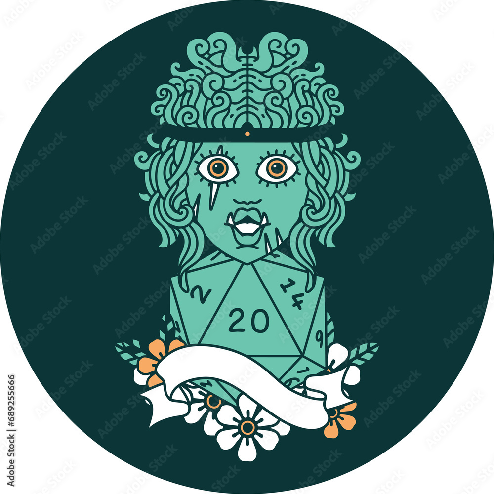 icon of half orc barbarian character with natural twenty dice roll icon of half orc barbarian character with natural twenty dice roll