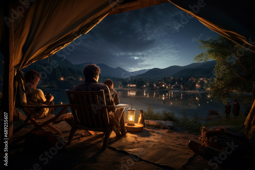 Couple camping  contemplating the sunset on the lake. Generative AI.