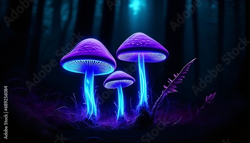 Blue neon mushrooms glowing in a dark forest - bioluminescent mushrooms. Beauty of nature. 
