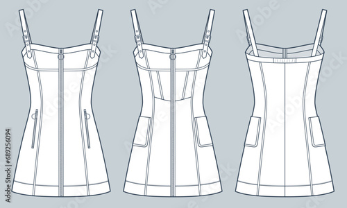 Corset mini Dress technical fashion Illustration. Zipped Dress with buckle straps fashion flat technical drawing template, slim fit, pockets, front and back view, white, women CAD mockup set.