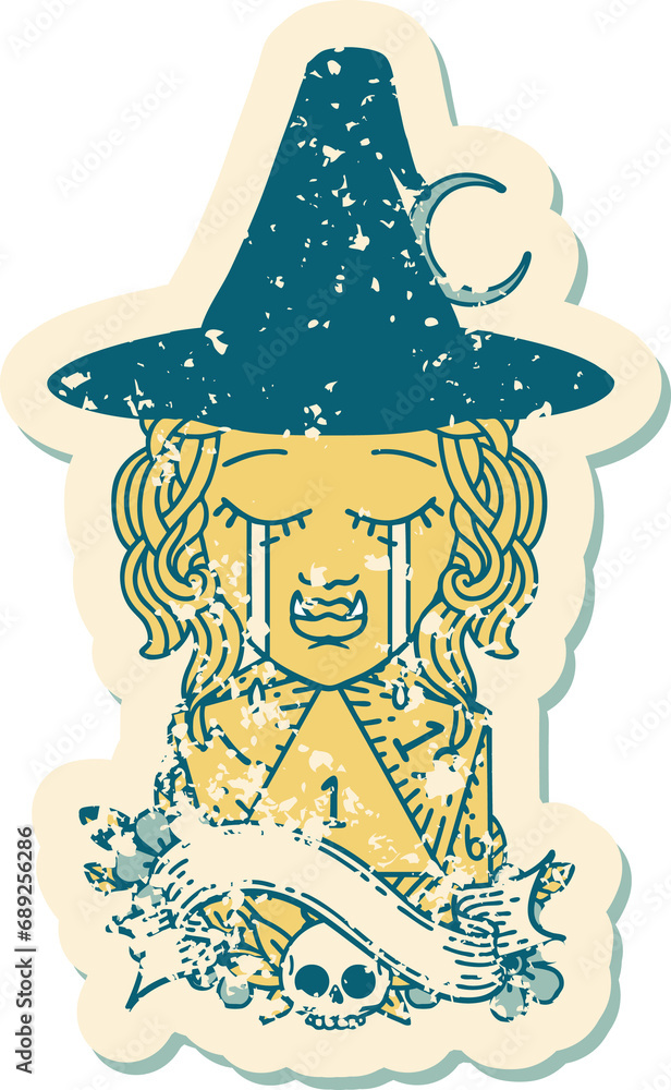 Retro Tattoo Style crying half orc witch character face with natural one d20 dice roll Retro Tattoo Style crying half orc witch character face with natural one d20 dice roll