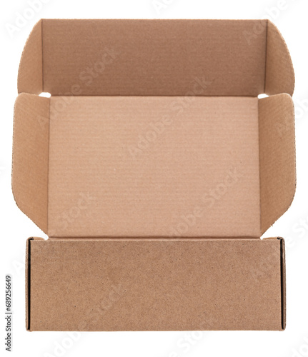 Open empty mailer carton box isolated photo