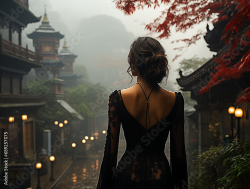 woman in the asian city, elegant, chinatown, foggy