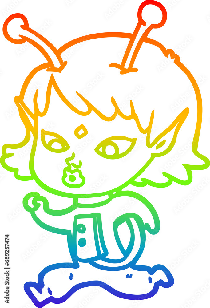 rainbow gradient line drawing of a pretty cartoon alien girl running rainbow gradient line drawing of a pretty cartoon alien girl running