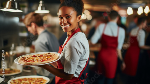 Afro-American young woman serving pizza in a restaurant, other waitresses in the background
