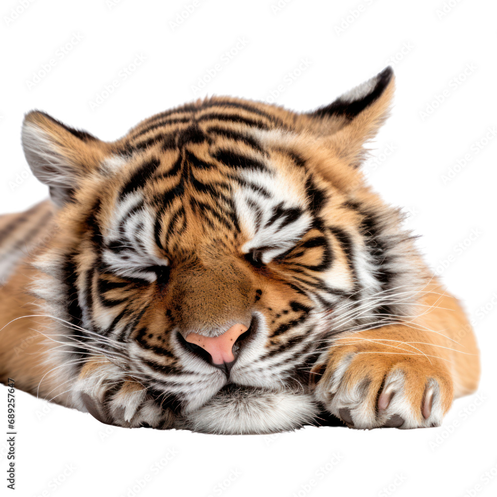 a tiger sleeping isolated on white background or transparent background