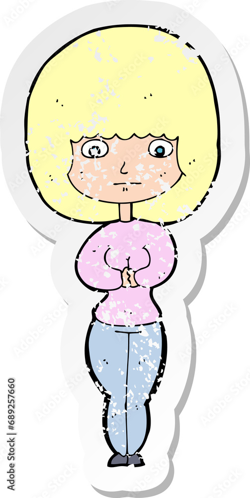 retro distressed sticker of a cartoon shy woman
