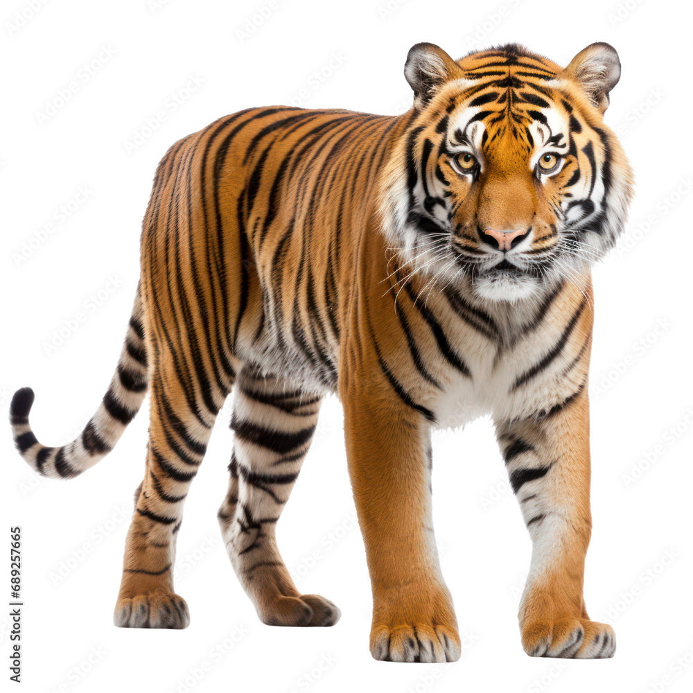 a tiger standing, isolated on white background or transparent background