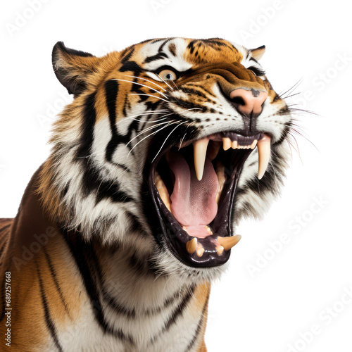 a tiger roaring, isolated on white background or transparent background © Gasi