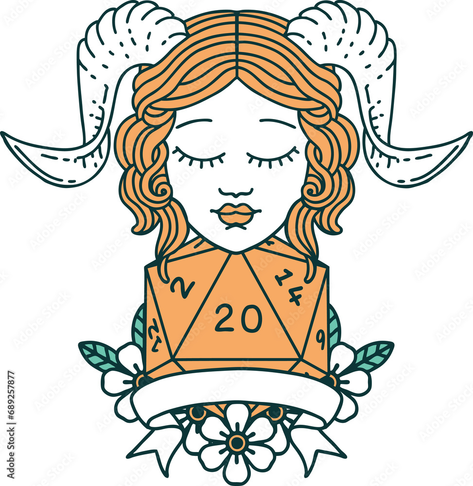 Retro Tattoo Style tiefling with natural twenty dice roll Retro Tattoo Style tiefling with natural twenty dice roll