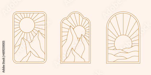 Vector set of linear boho frames with mountains, landscapes, deserts or sea. Travel emblems, symbols in trendy minimal bohemian and oriental style for social media, invitations, branding, stories