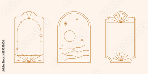 Vector set of linear boho frames with mountains, landscapes, deserts or sea. Travel emblems, symbols in trendy minimal bohemian and oriental style for social media, invitations, branding, stories