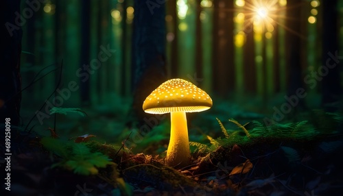 Golden neon mushroom glowing in a dark forest - bioluminescent mushrooms. Bioluminescence. Beauty of nature. Magical mushrooms