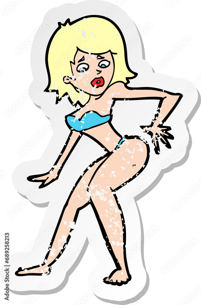retro distressed sticker of a cartoon woman in bikini retro distressed sticker of a cartoon woman in bikini