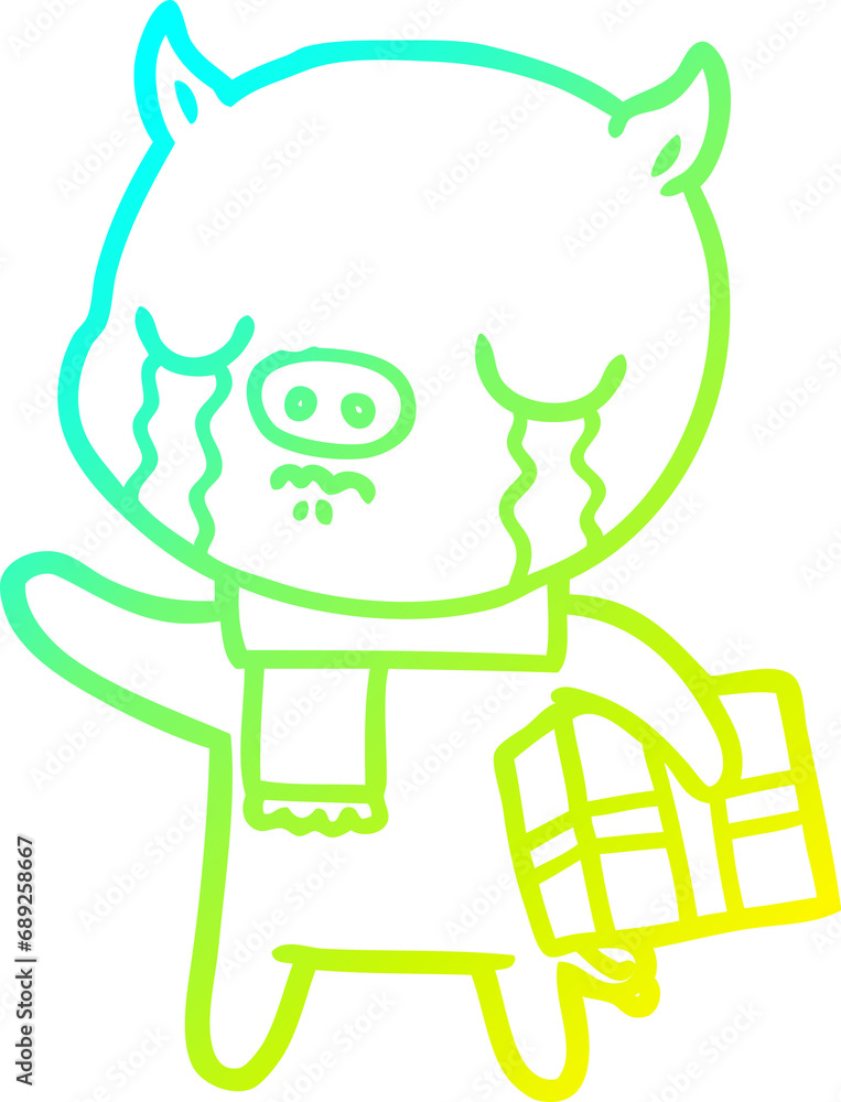cold gradient line drawing of a cartoon pig crying over christmas present