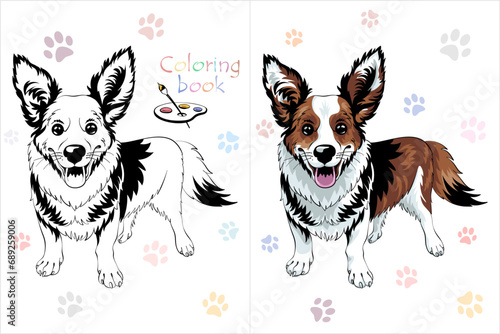 Vector Coloring Book page 2 of dog Pembroke Welsh corgi breed staying and smiling