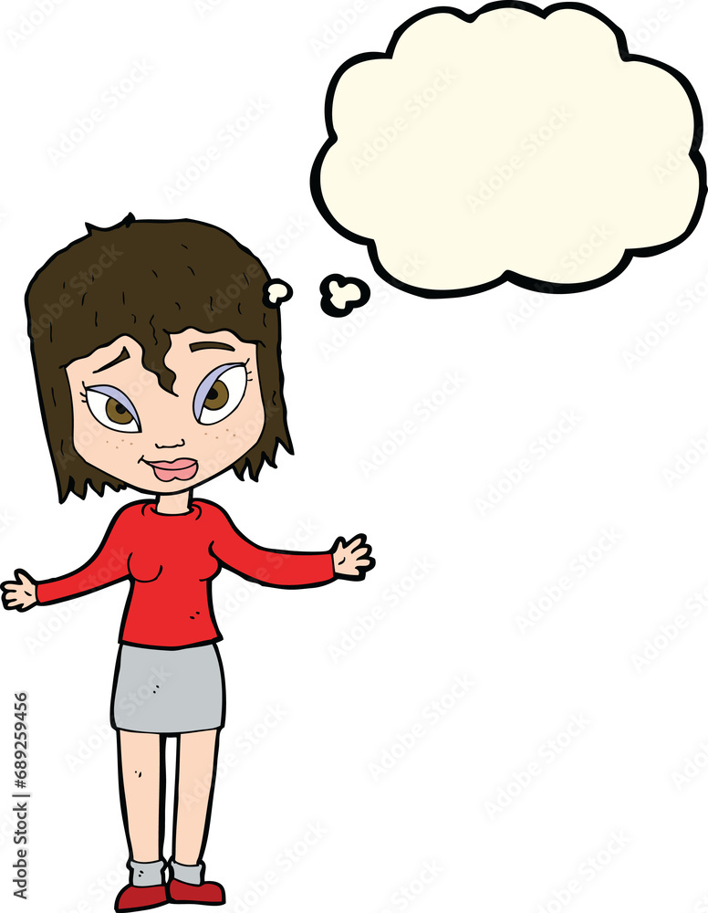 cartoon woman shrugging shoulders with thought bubble cartoon woman shrugging shoulders with thought bubble
