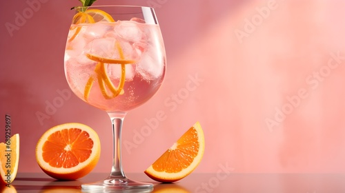 Classic gin and tonic cocktail with ice, grapefruit, and a sprig of rosemary in a sophisticated glass photo