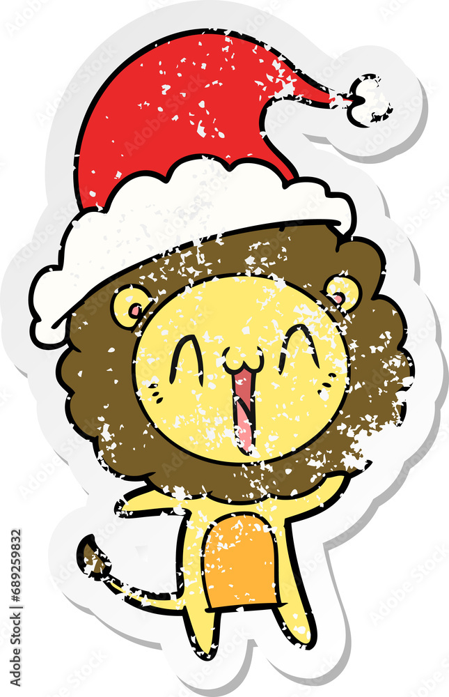 happy hand drawn distressed sticker cartoon of a lion wearing santa hat
