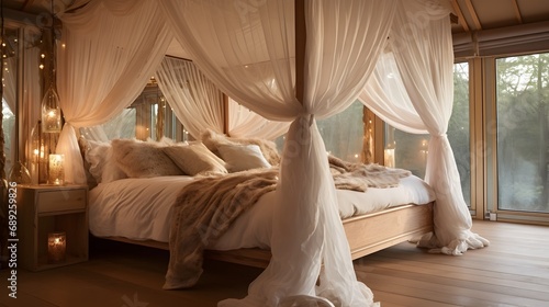 Romantic bedroom with fairy lights, candles, and a cozy canopy bed creating a warm ambiance