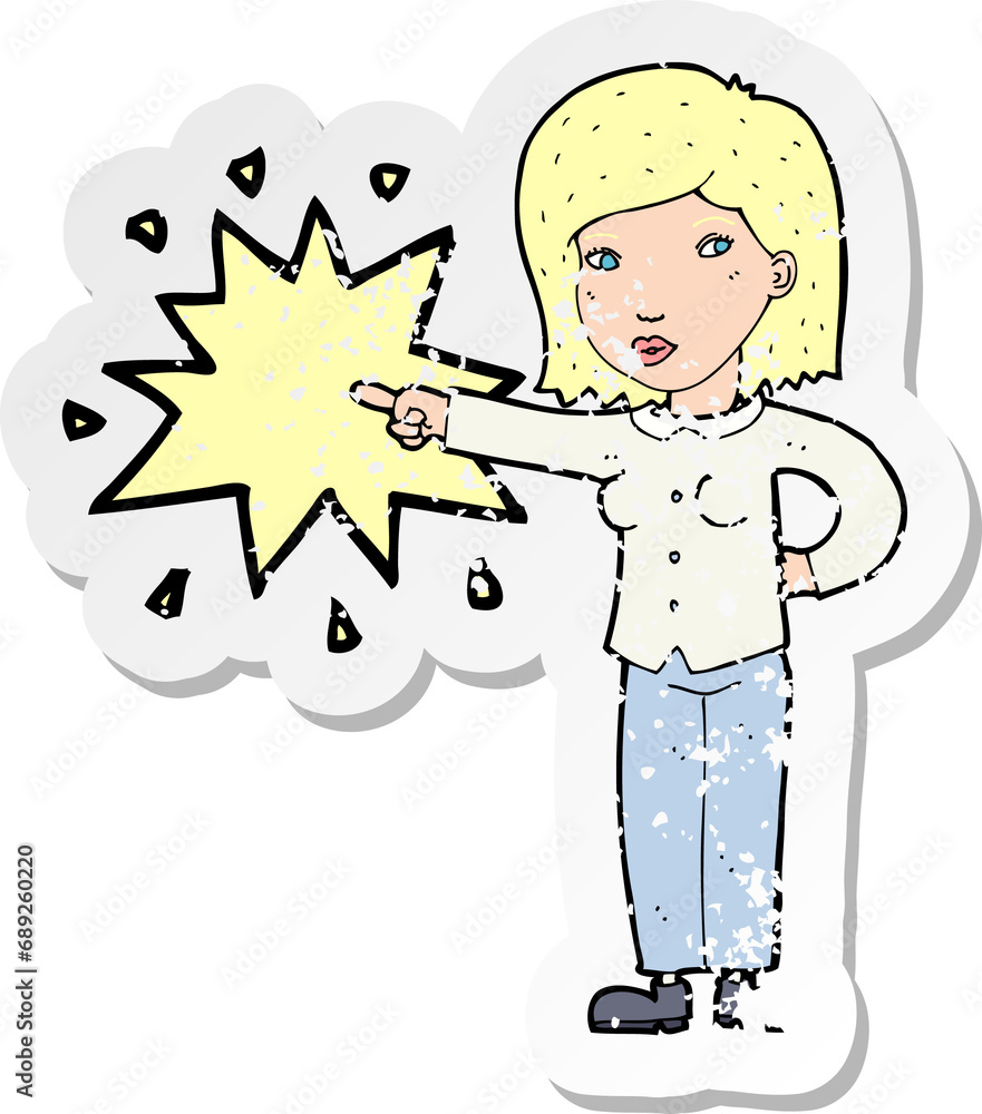 retro distressed sticker of a cartoon woman accusing retro distressed sticker of a cartoon woman accusing