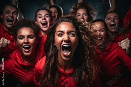 Group photo of a sports team celebrating victory in a studio, capturing the thrill of success photo