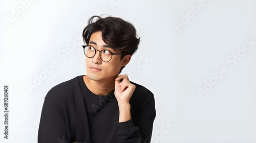 thoughtful creative asian man in glasses thinking while making post on social media, looking away pondering making decision holding smartphone choosing something internet