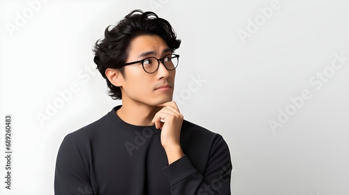 thoughtful creative asian man in glasses thinking while making post on social media, looking away pondering making decision holding smartphone choosing something internet