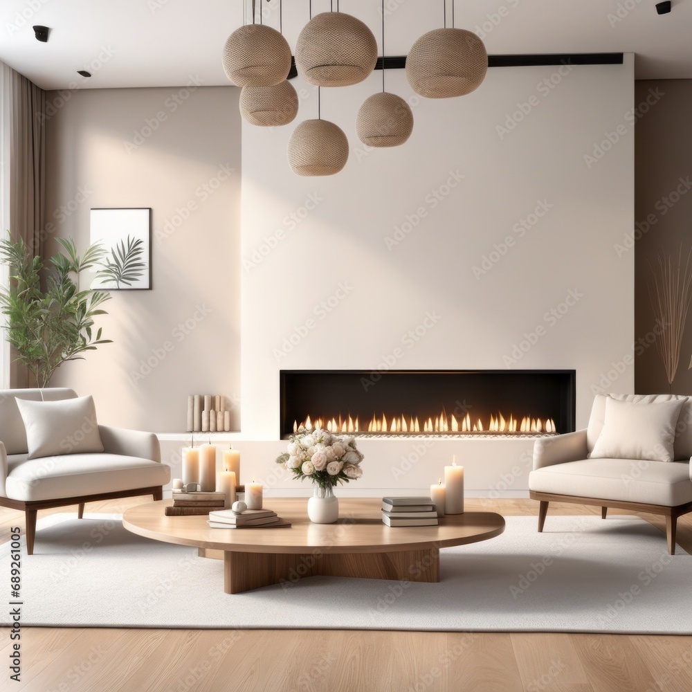 Cozy, luxurious and empty modern living room with two beige textile sofas on the hairy carpet Cozy, luxurious and empty modern living room with two beige textile sofas on the hairy carpet