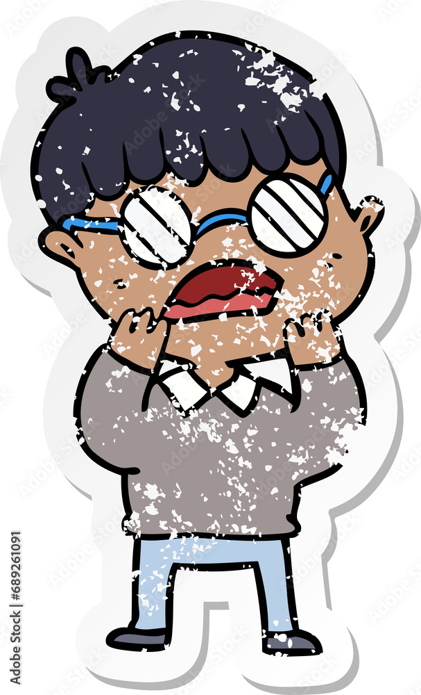 distressed sticker of a cartoon shocked boy wearing spectacles distressed sticker of a cartoon shocked boy wearing spectacles