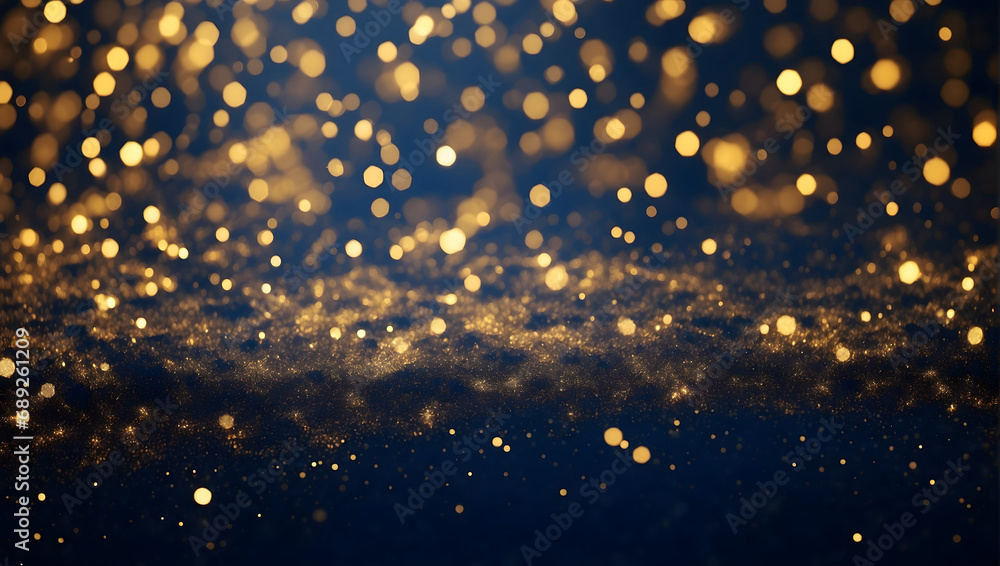 Abstract Dark Blue and Gold Particle Background. Christmas Lights Glisten in Gold Bokeh against a Navy Blue Backdrop. Gold Foil Texture, Embracing Holiday Spirit.