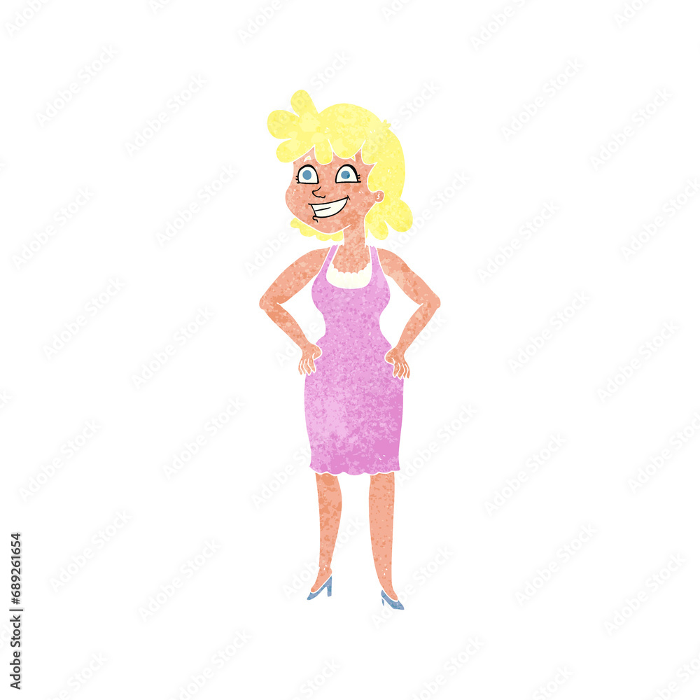 freehand retro cartoon happy woman wearing dress freehand retro cartoon happy woman wearing dress