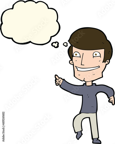 cartoon happy man pointing with thought bubble