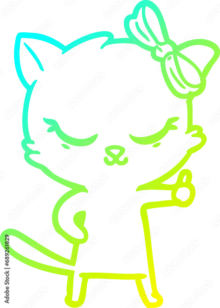 cold gradient line drawing of a cute cartoon cat with bow cold gradient line drawing of a cute cartoon cat with bow
