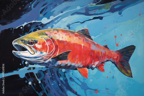 Colorful painting of Chinook salmon fish swimming in the strong current of blue, fresh, river water photo