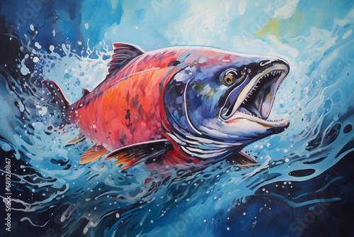 Colorful painting of Chinook salmon fish swimming in the strong current of blue, fresh, river water