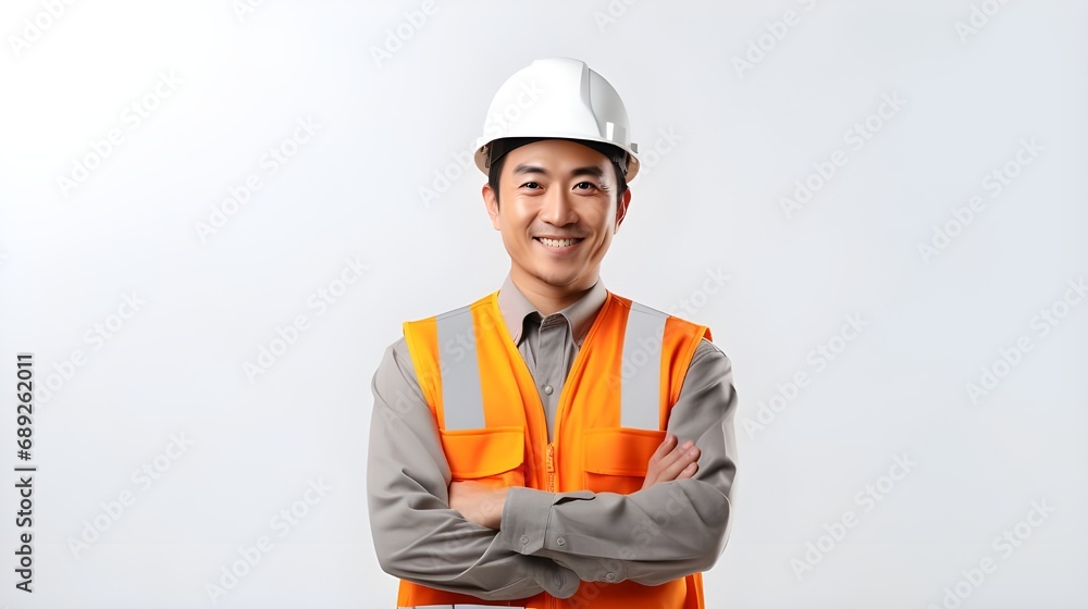 Building sector and industrial workers concept. confident young asian engineer, construction manager in reflective clothes helmet cross arms smiling sassy ensuring quality white wall Building sector and industrial workers concept. confident young asian engineer, construction manager in reflective clothes helmet cross arms smiling sassy ensuring quality white wall