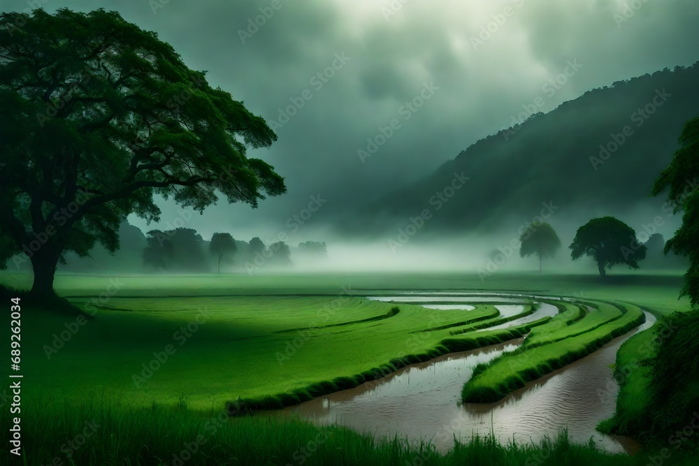 A moody scene of a rural area during a strong downpour, with mist rising from the verdant fields and trees and raindrops making ripples in puddles