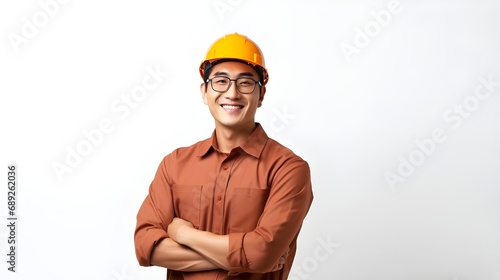 Building sector and industrial workers concept. confident young asian engineer, construction manager in reflective clothes helmet cross arms smiling sassy ensuring quality white wall 