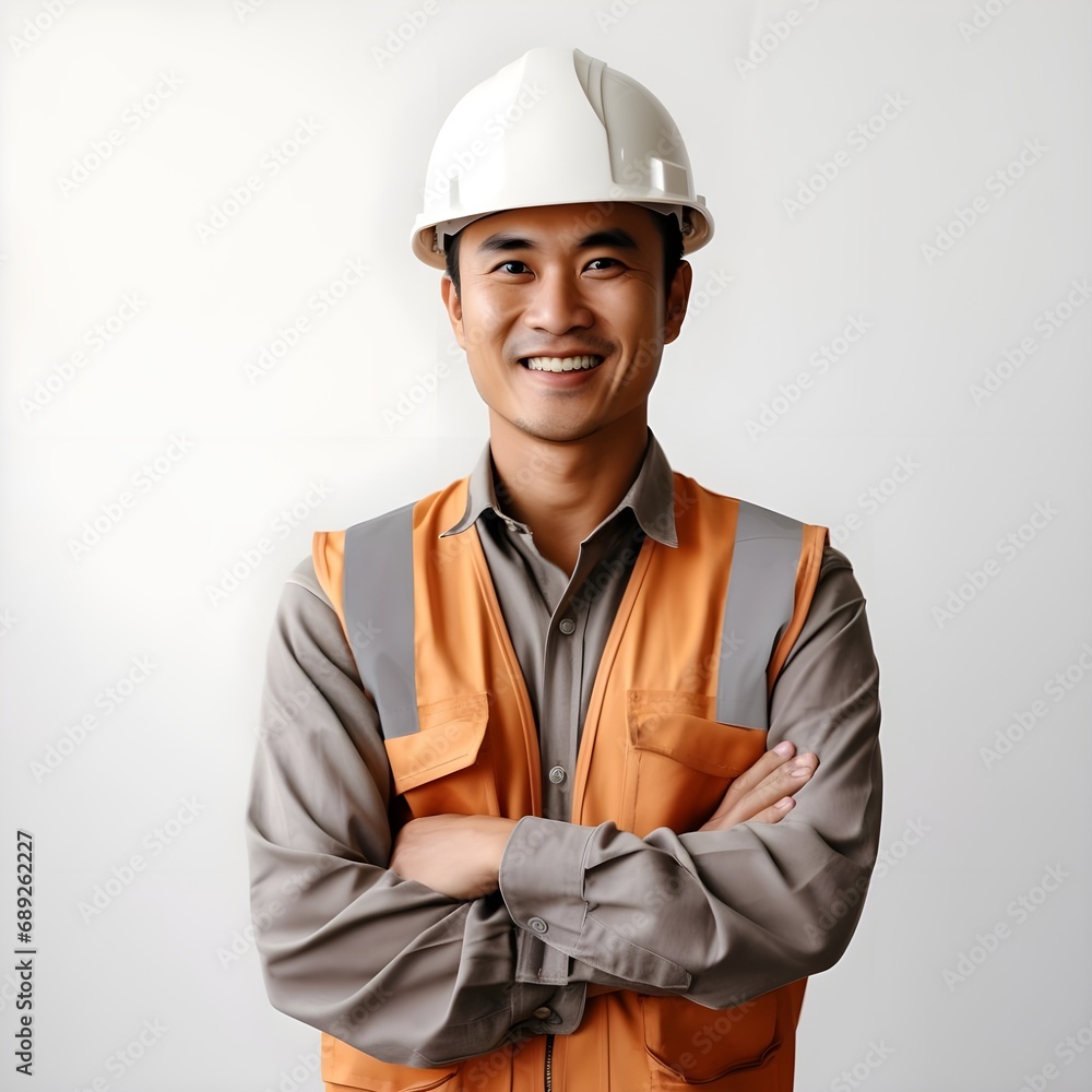 Building sector and industrial workers concept. confident young asian engineer, construction manager in reflective clothes helmet cross arms smiling sassy ensuring quality white wall Building sector and industrial workers concept. confident young asian engineer, construction manager in reflective clothes helmet cross arms smiling sassy ensuring quality white wall