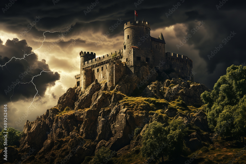 A storm brews dramatically over a historic castle - juxtaposing medieval architecture with the imposing force of nature in the skies.