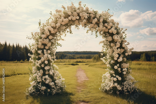 Floral arch for celebrating weddings, baptisms and communions. Generative AI. photo