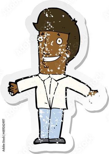 retro distressed sticker of a cartoon grining man with open arms photo