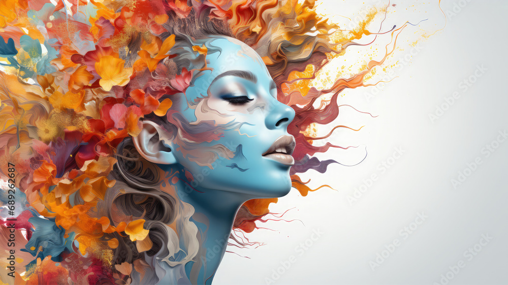 Mental health and creative color abstract concept. Beautiful girl in splashes of colored paint, print, poster, model - generative AI
